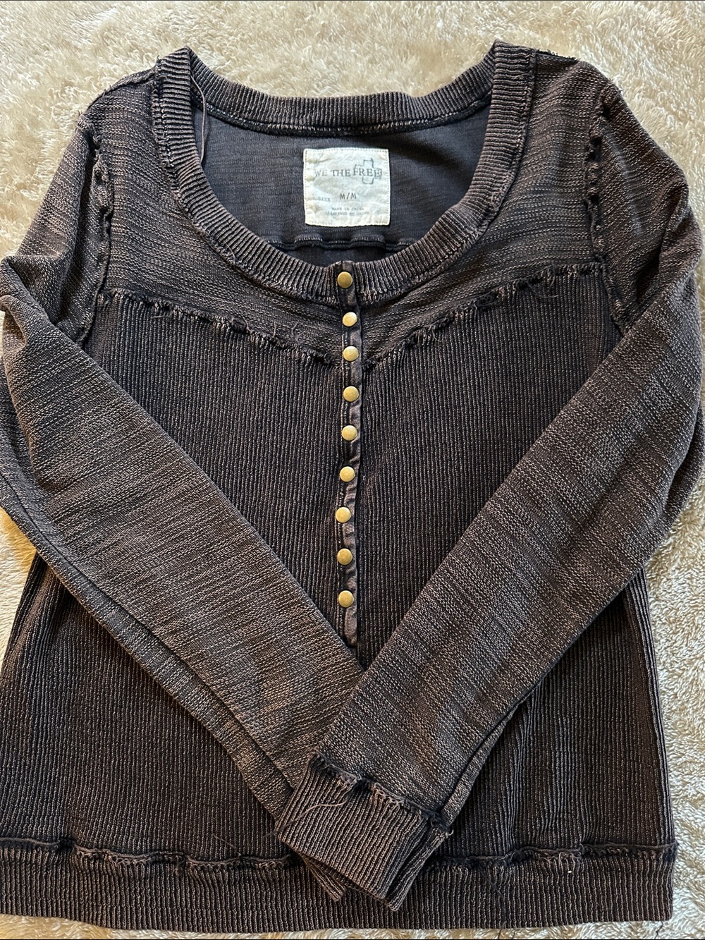 Free People Olive-Brown Long Sleeve Henley with Brass Buttons